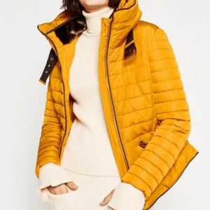 Zara mustard puffer jacket w/ belt Sz XS